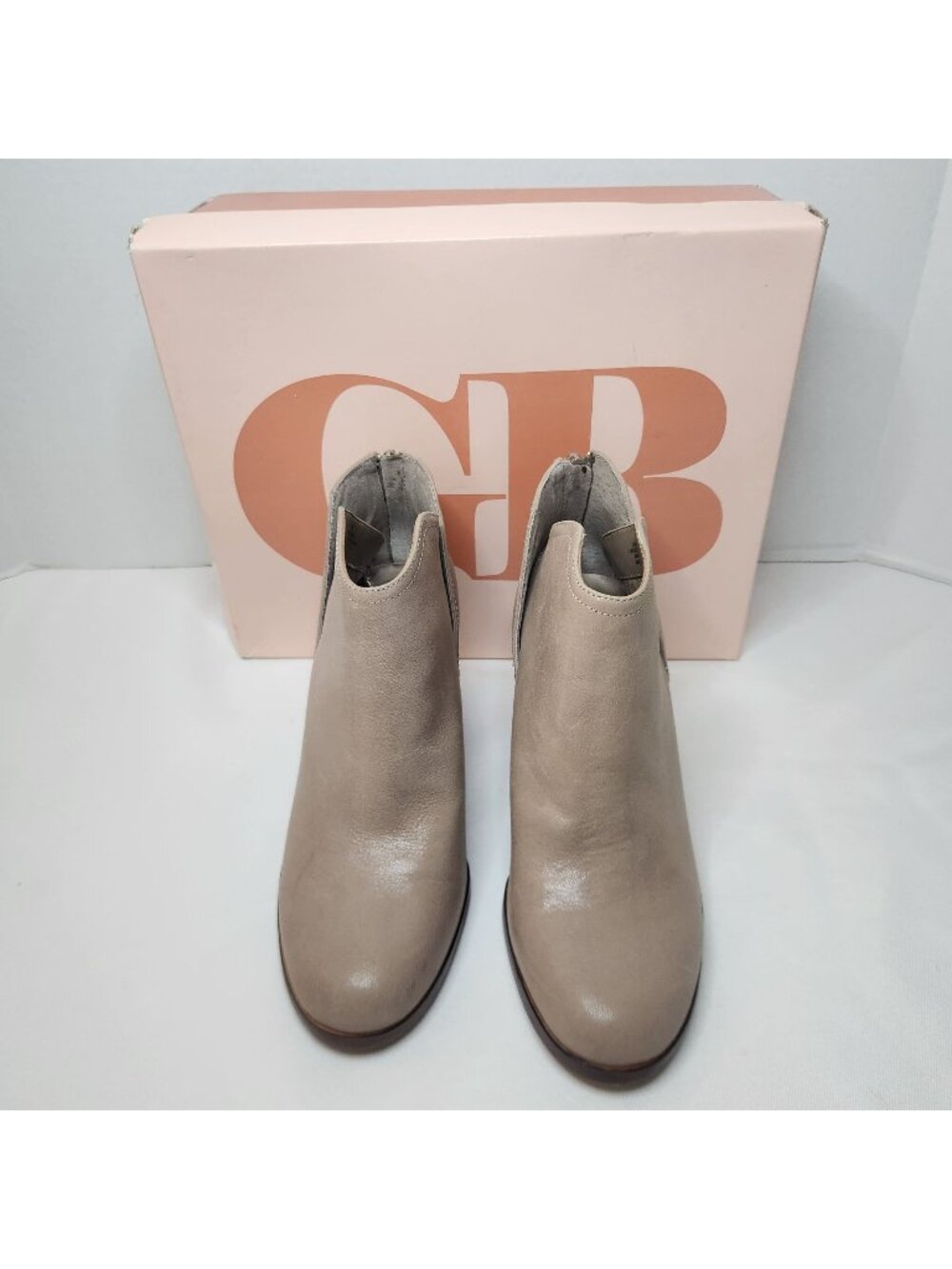 GB Taupe Leather Ankle Booties With Back Zippers & Stacked Block Heels